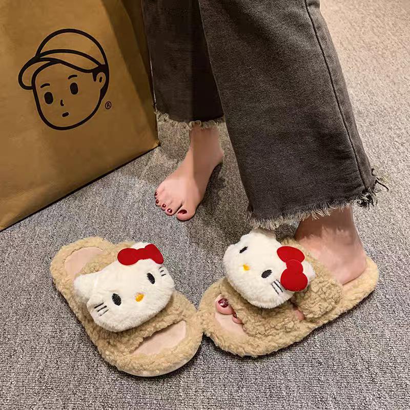 Autumn and Winter Cute Cartoon Plush Warm Home Indoor Cotton Slippers Women's One-word Non-slip Fluffy Slippers Women's Winter