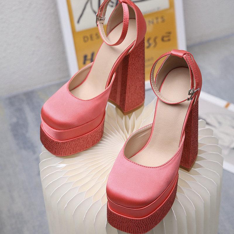 Fashion 2025 New High-Heeled Waterproof Table One-Line Buckle Rhinestone Banquet Ladies Satin Sandals Plus-Size Fashion Runway