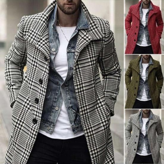 Men Overcoat Plaid Medium Length Turndown Collar Windbreaker British Style Coldproof Single Breasted Trench Coat Streetwear