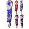 Women Dress Chinese National Style Floral Print Stand Collar Short Sleeves High Side Split Chinese Knot Buttons Cheongsam Satin Silky Slim Fit Summer