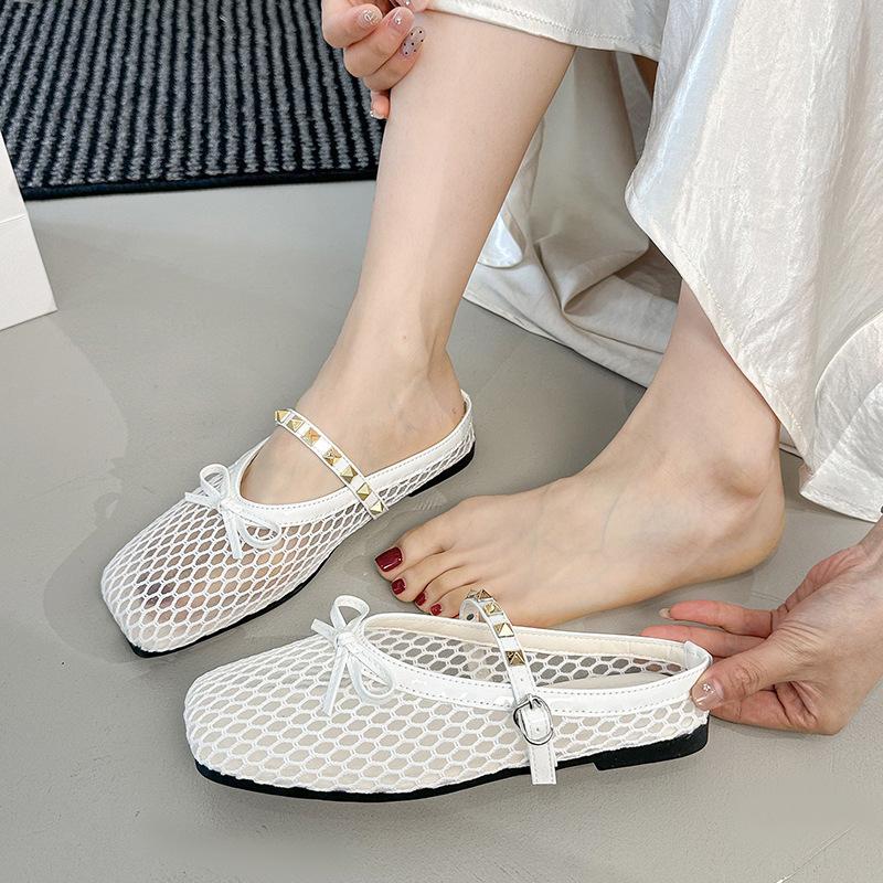 

Niche design rivets with hollowed-out bag head half slippers women s summer wear a pedal breathable fishing net shoes 35