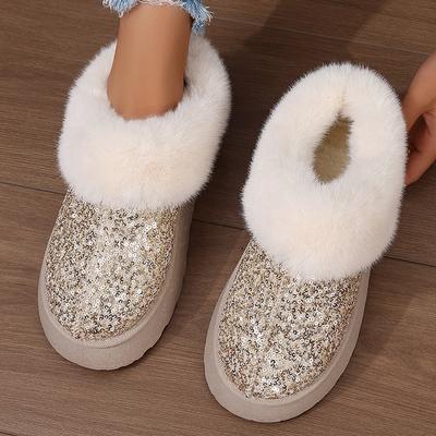 Mode Glänzende Pailletten Flauschige Plüsch Schneestiefel Damen Warme Gepolsterte Slipper Kurze Stiefel Trendige Goldene Dicke Plateau Kunstfellstiefel