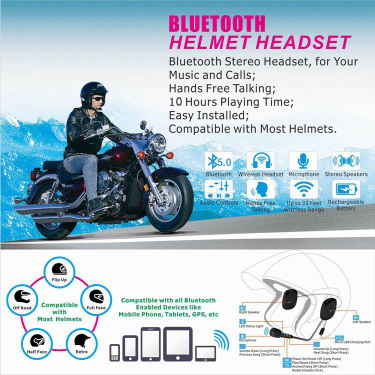 Bluetooth 5.0 Wireless Ultra-Thin Motorcycle Helmet Earphone Headset Bt Speaker Headset Helmet With Microphone Sponge