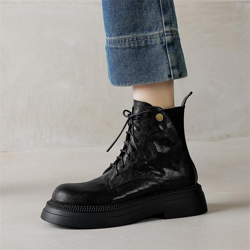 Fashion New Autumn/winter Genuine Leather Women Boots Round Toe Shoes for Women Fashion Boots Mid Heels Lace Side Zipper Platform Boots