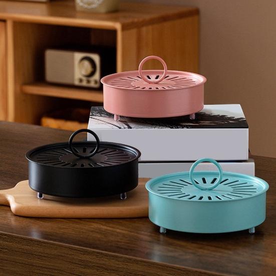 Incense Coil Holder with Handle Cover Portable Indoor Outdoor Camping Fireproof Round Metal Repellent Spiral Incense Burner Ash Catcher Tray