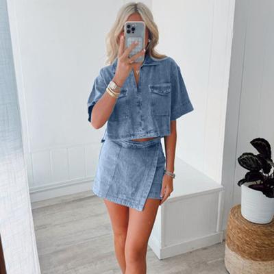 2 Piece Denim Outfit for Sleeve Lapel Women Short V Neck Crop