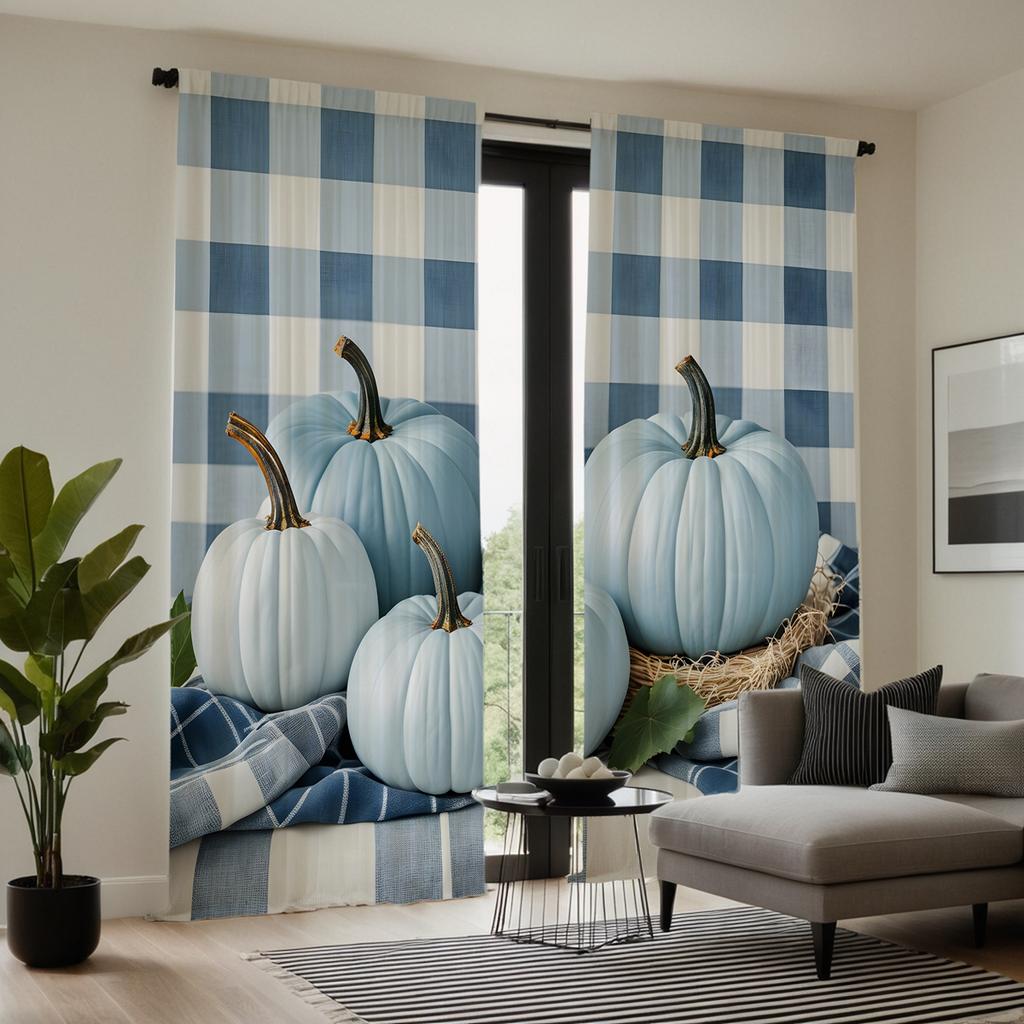 2 pieces HD black blue check four pumpkin curtains Blue tie digital printed curtains Home decoration style Decorate living room