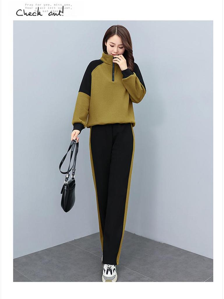 Women's Spring/Autumn Casual Sportswear Set - Loose, Age-Reducing, Spliced Sweatshirt Two-Piece Ensemble