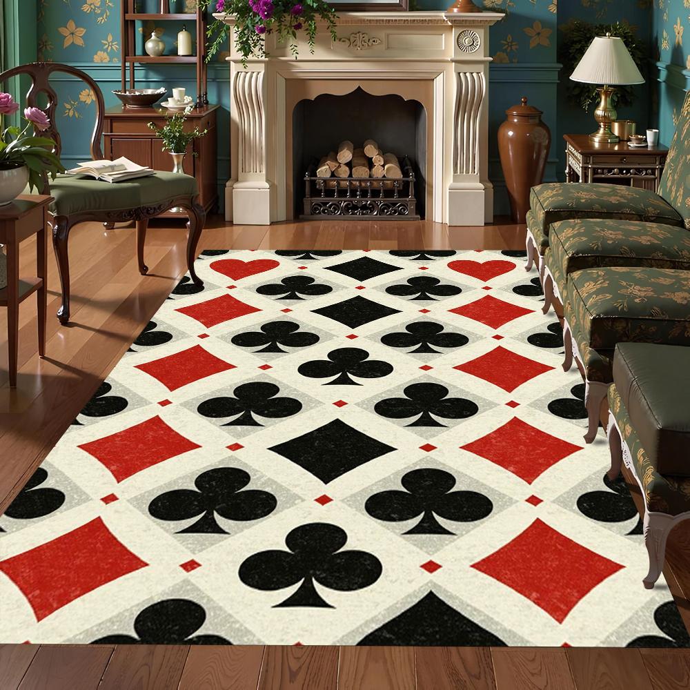 

Red Black Poker Card Pattern Carpet Bold Game Style Non-Slip Soft Mat for Living Room Bedroom Home Decor 40x60cm