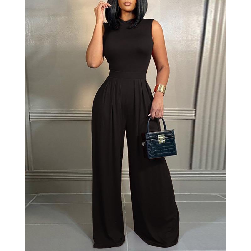 Women's Fashion Casual Summer Spring Flower Pattern Print Sleeveless O-Neck High Waist Trousers Jumpsuits & Rompers