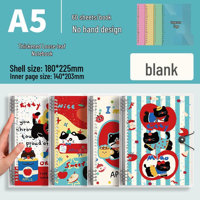 A5 Loose-Leaf Notebook: Hand-Friendly, Detachable, High-Value, Thickened Student Notebook with Cute Apple-Cat Design.