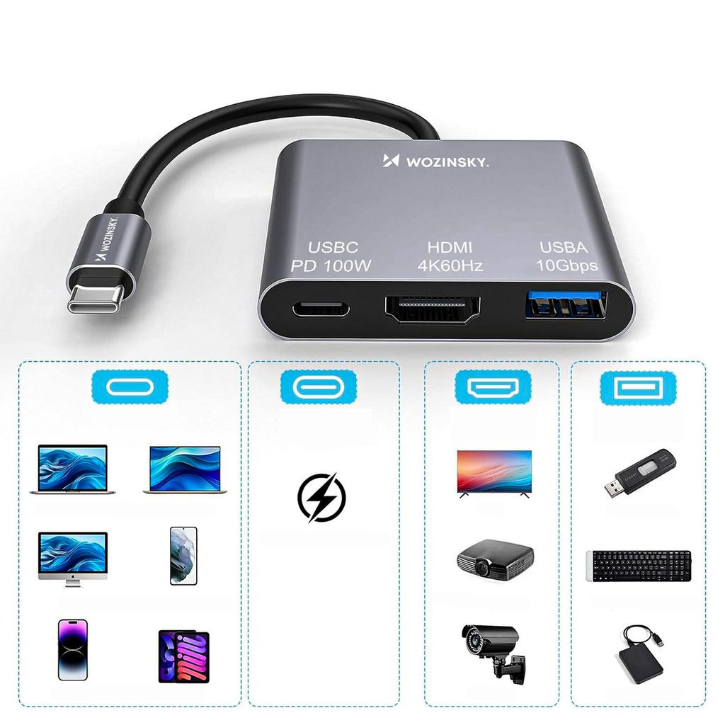 Hub Rozdzielacz USB-C Na USB-C USB-A HDMI PD 10 Gb/s 4K - Szary
