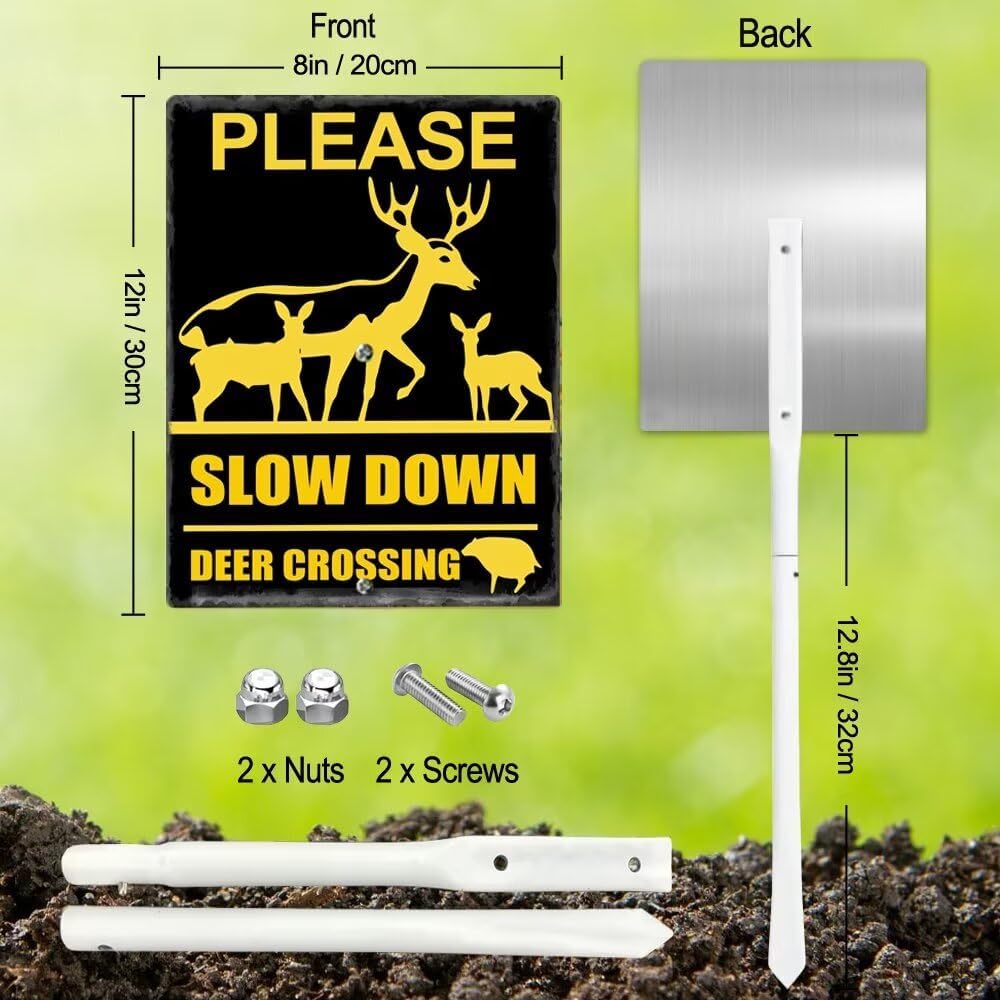 Deer Crossing Sign for Yard,Please Slow Down Sign With Stake,Outdoor 8" X 12" Wildlife Sign Aluminum Safety Sign for Street Neighborhood Driveway