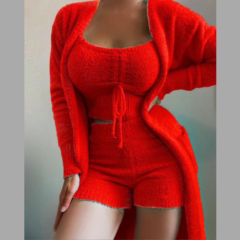 

3 предмета однотонной пижамы женские осенние бархатные кружевные укороченные топы шорты костюм кардиганы пальто модные удобные пижамы шорты комплекты M красный