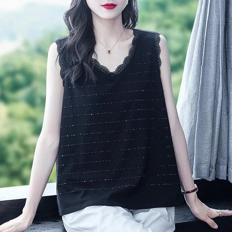 Womens Black Lace Trim Tank Top Casual V Neck Sequin Striped Sleeveless Blouse L