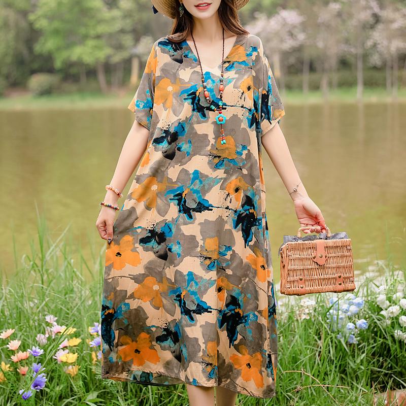 Casual Women's Dresses Summer Vintage Clothes Plus Size Elegant Short Sleeve Summer Long Dress