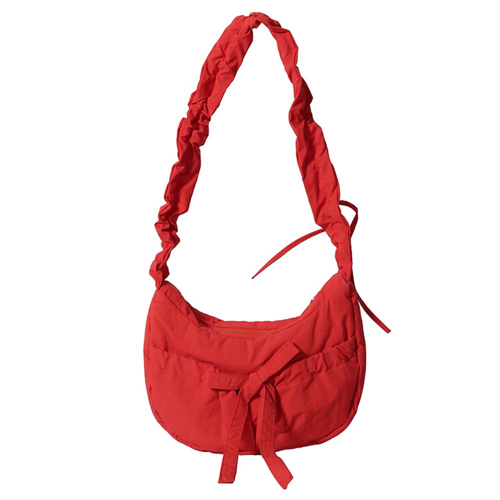 Women Casual Underarm Bag with Ruched Drawstring Strap Bow Leisure Satchel Bag Solid Color Cute Sling Bag Female Daily Handbag