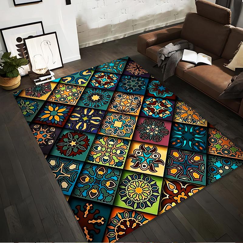 Colorful Geometric Carpet with Vintage Floral Tile Patterns Suitable for use as an anti-slip for living room bedroom sofas