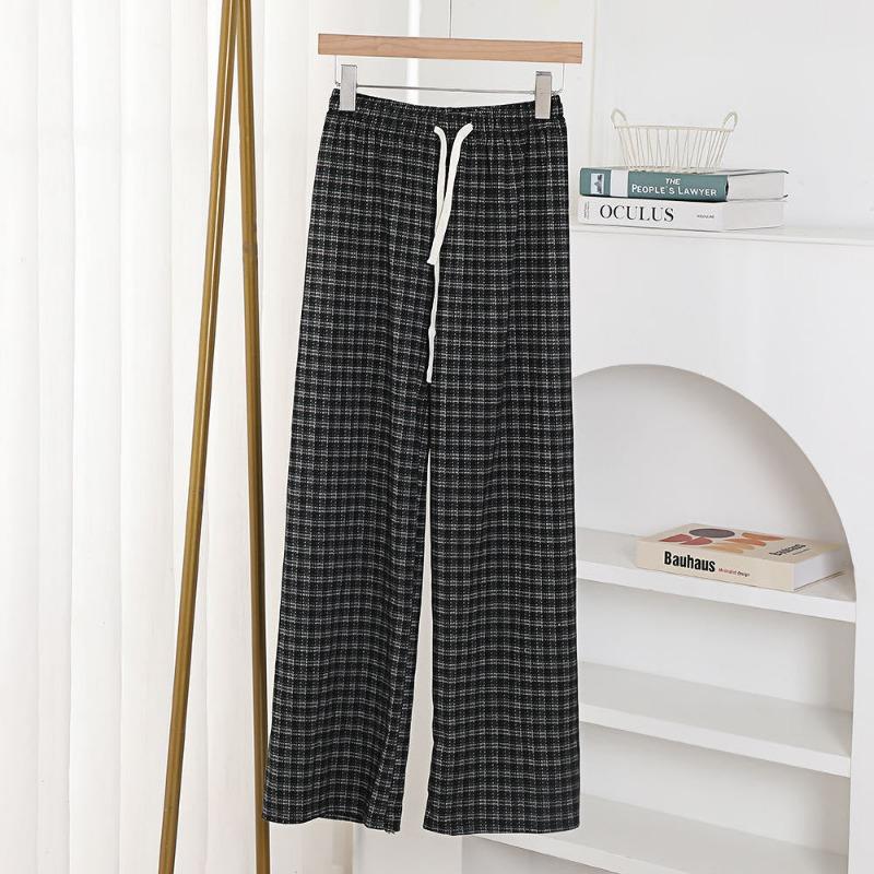 Retro style jacquard plaid pants fashionable and simple drawstring elastic waist casual pants women's versatile high waist drape straight pants