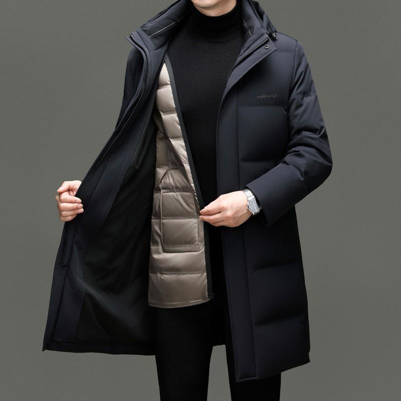 Mens Long Down Coat With Detachable Hood 90% White Duck Winter Warm Outerwear Daily Wear