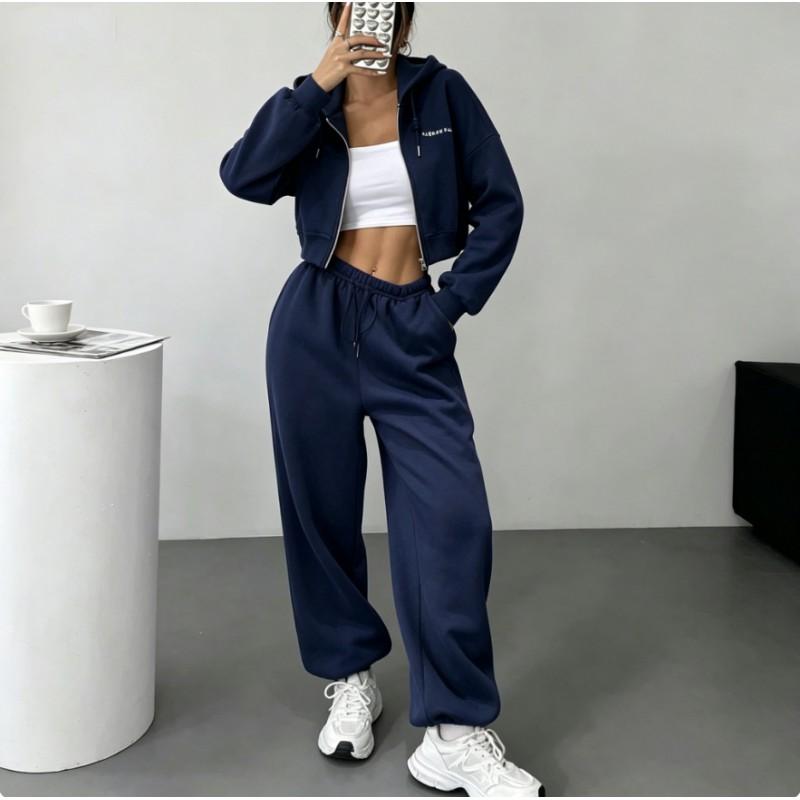Womens Short Hooded Zip Sweatshirt Set High Waist Pants Solid Color Casual Sportswear