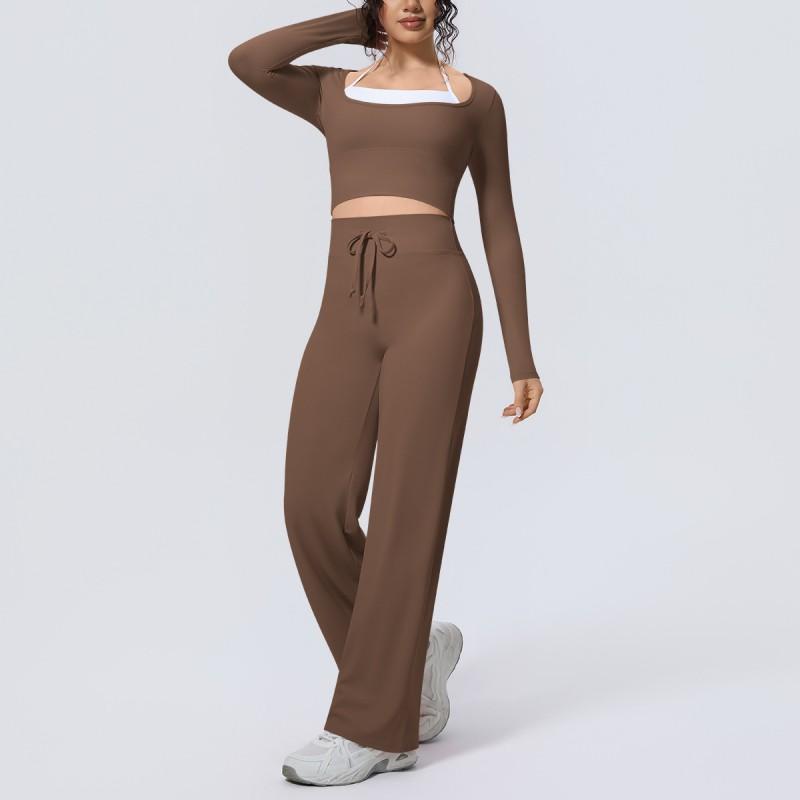 Womens Seamless Two-Piece Yoga Set Long Sleeve Top Flared Leggings Breathable Stretch Athletic Wear
