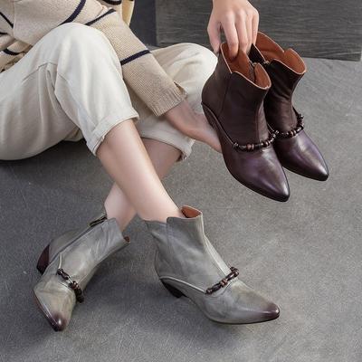Stivaletti alla Caviglia a Punta in Vera Pelle Scarpe da Donna alla Moda Versatili con Tacco Medio