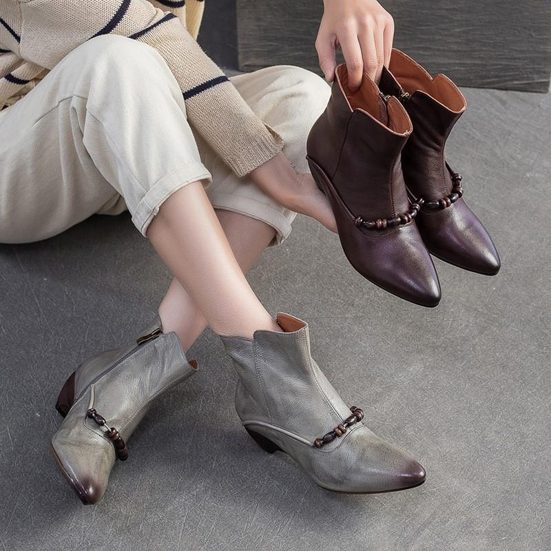 Johnature Genuine Leather Pointed Toe Ankle Boots Fashionable Versatile Mid Heeled Women's Shoes