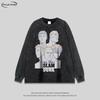 Unisex Vintage Washed Cotton Long Sleeve Tee With Cartoon Print Oversized Fit Streetwear Style