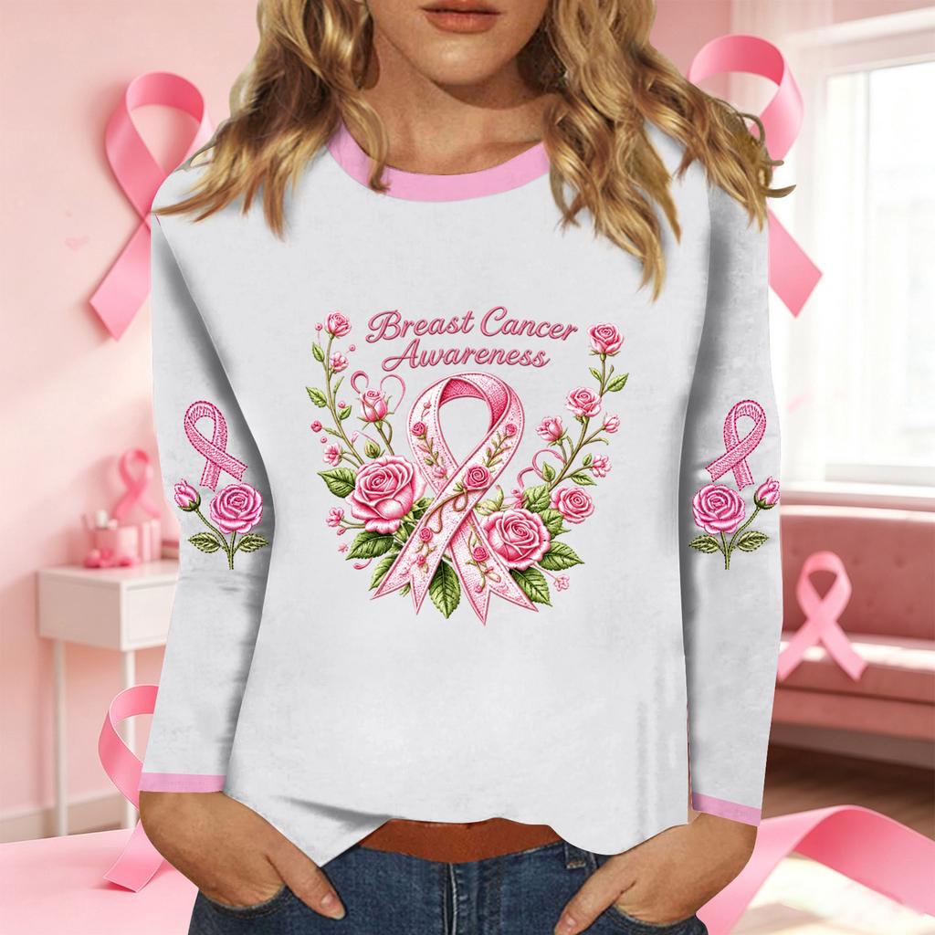 Women's Fashion Long Sleeve Breast Ribbon Print Neck Top