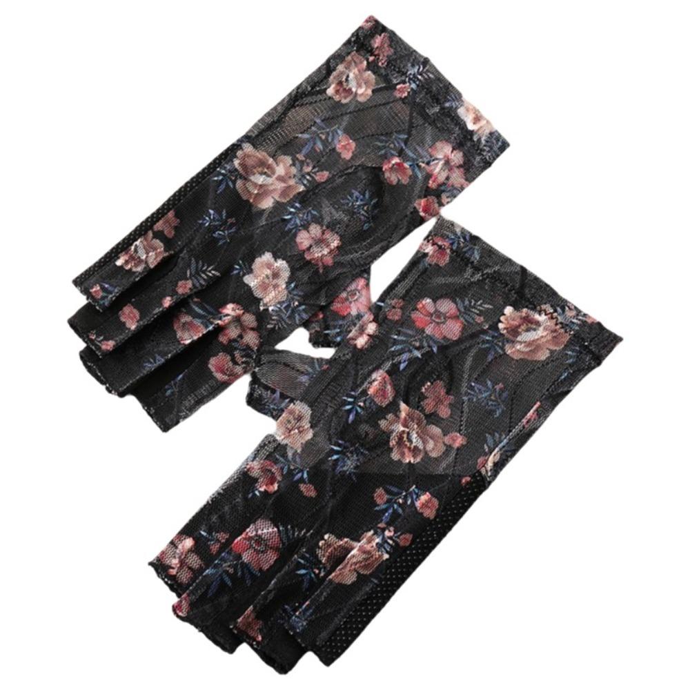 Simple Mesh Driving Gloves Anti-slip Breathable Half-finger Gloves Floral Printed Thin Sun Protection Gloves Outdoor