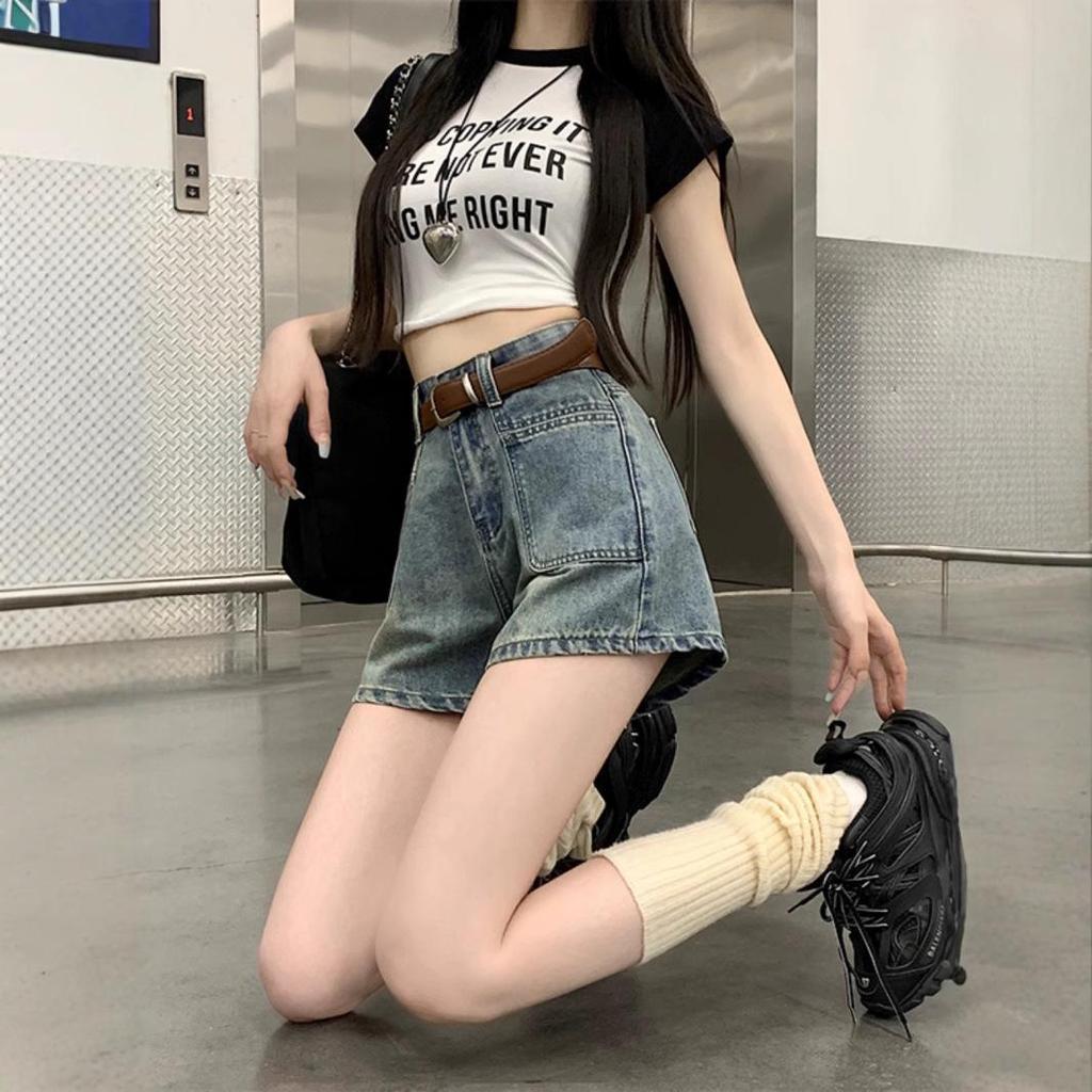 Pantaloni scurți de blugi de damă, vară 2023, la modă, retro, linie A, cu picior lat, cu talie înaltă