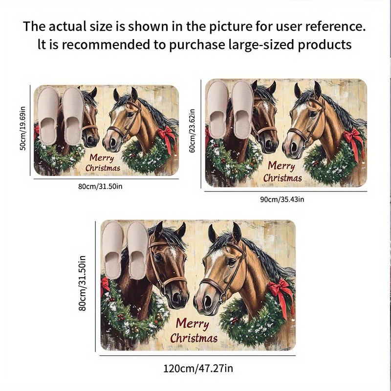 Christmas Horse Design Doormat with "Merry Christmas" Text, Thick Comfortable Floor Mat, Machine Washable for Festive Home Decor