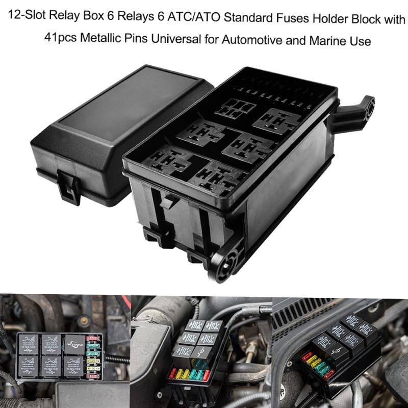 12-Slot Relay Box 6 Relays 6 ATC/ATO Standard Fuses Holder Block with 41pcs Metallic Pins Universal for Automotive Marine Use