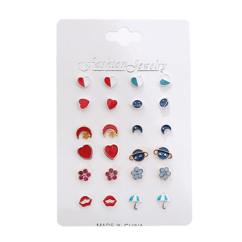 12 Pairs of Cute Stud Earrings: Color-Block Hearts, Universe, Moon, Stars for Women, with Card