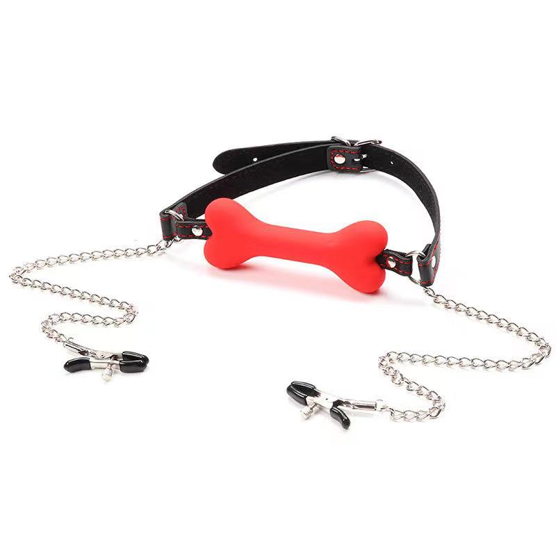 Silicone Bone Gag with Nipple Clamps - Adult SM Sex Toy for Couples