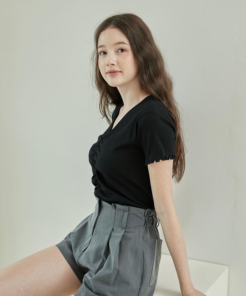 BIBYSEOB Shirred Half T-Shirt Black [T42]