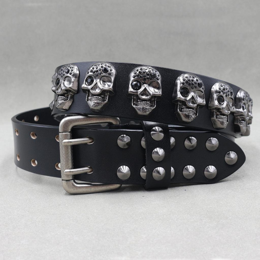 New Pure Cowhide Personalized Rivet Belt Skull Spike Decoration Trendy Denim Pin Buckle Punk Belt