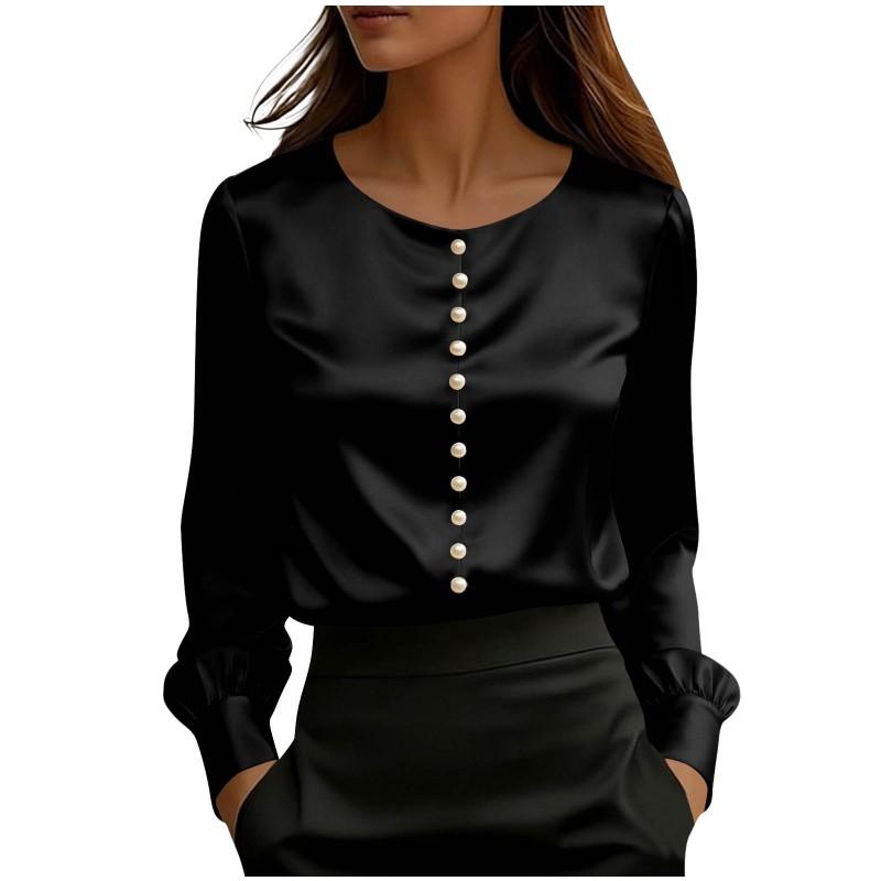 2026 Womens Satin Silk-Feel Short Sleeve T-Shirt With Pearl Embellished Round Neck Solid Color Casual Street Style