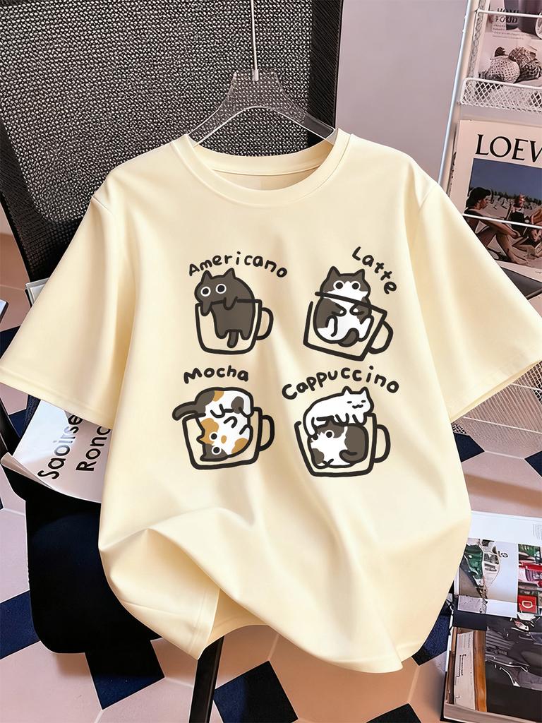 Cat Coffee Art Letter Printing TShirts Womens Summer Cotton Short Sleeve Tops ONeck Soft Loose T Shirt Casual Womans Clothes