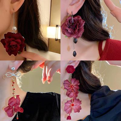 Bohemian Red Rose Flower Earrings Temperament Stud Earrings Female Niche