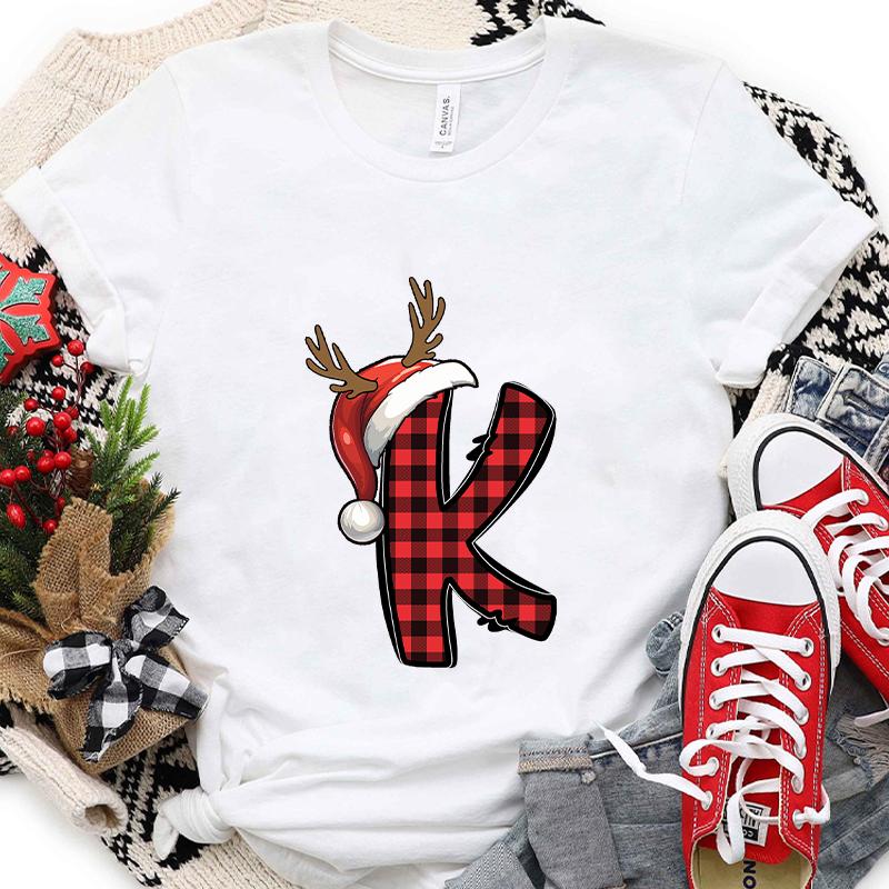 Christmas Alphabet AZ Letter Print Womens Tshirt Santa Graphic Casual Holiday Fashion Top Xmas Party Tees shirt for Women