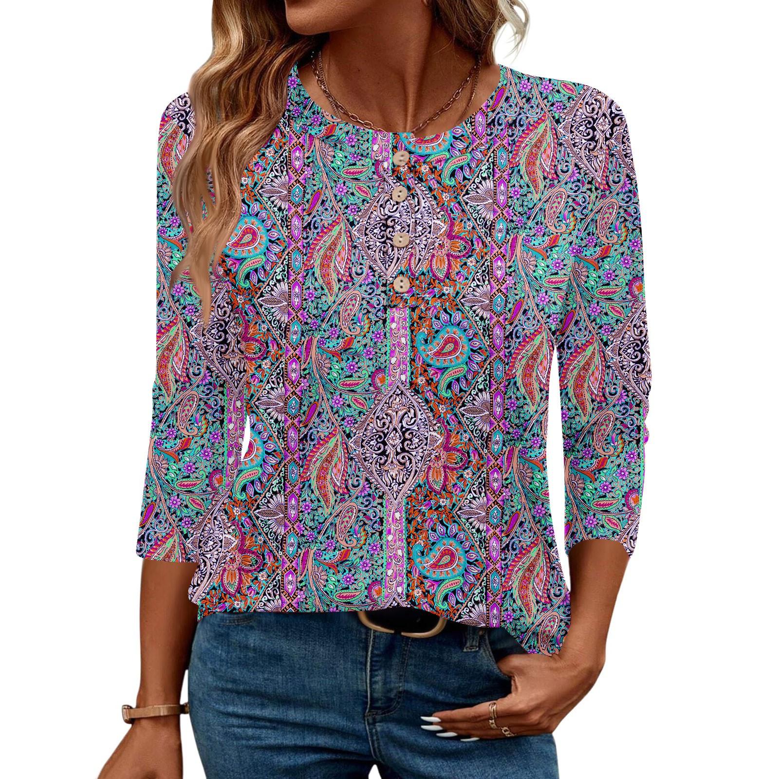 

3/4 Sleeve Shirts For Women Button Down Shirt Top For Women Half Button Down Print Graphic Blouse XL фіолетовий