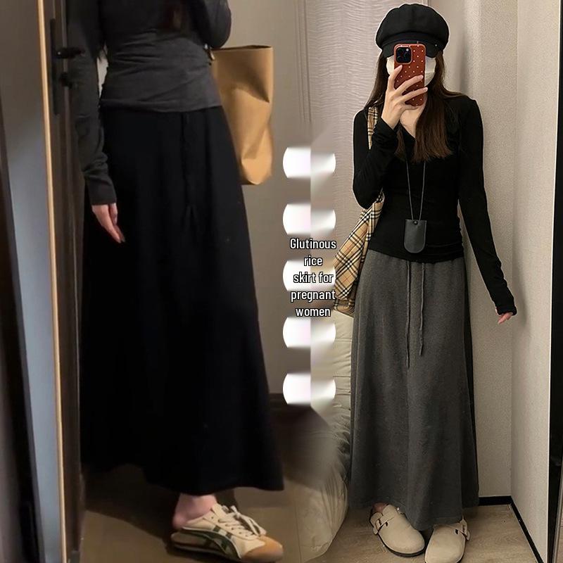 Korean Style High Waist Slimming A-line Maternity Skirt with Back Slit
