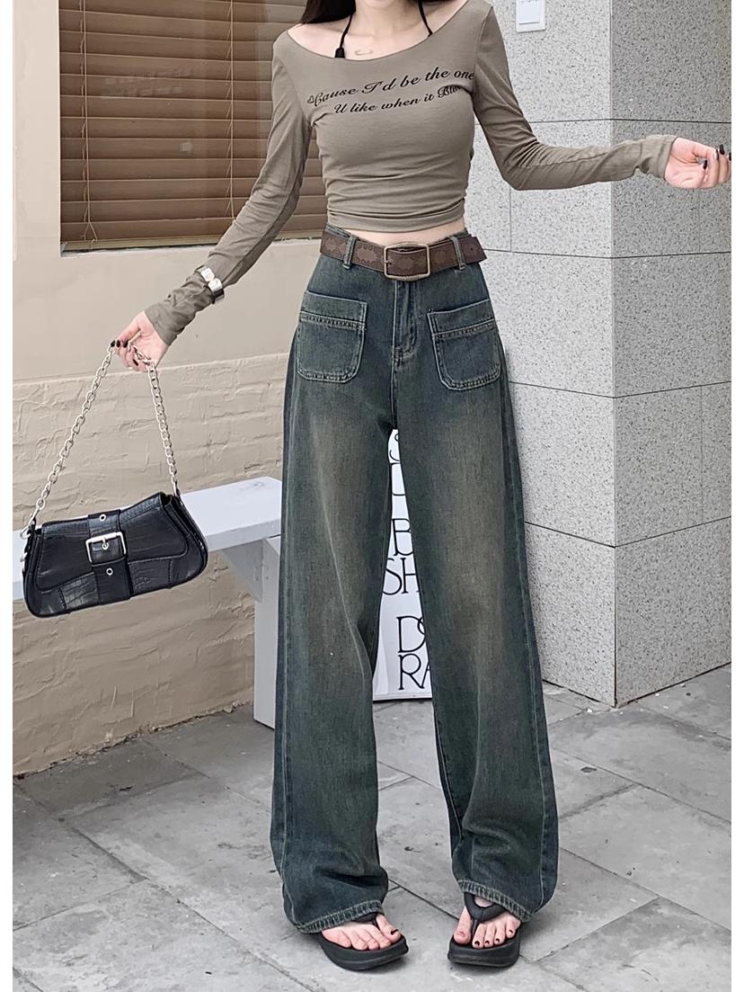 

Осенние женские джинсы с высокой посадкой, накладными карманами спереди, прямыми штанинами - Ретро, Стройнящие, Свободные, Широкие штанины, Длина до пола. M