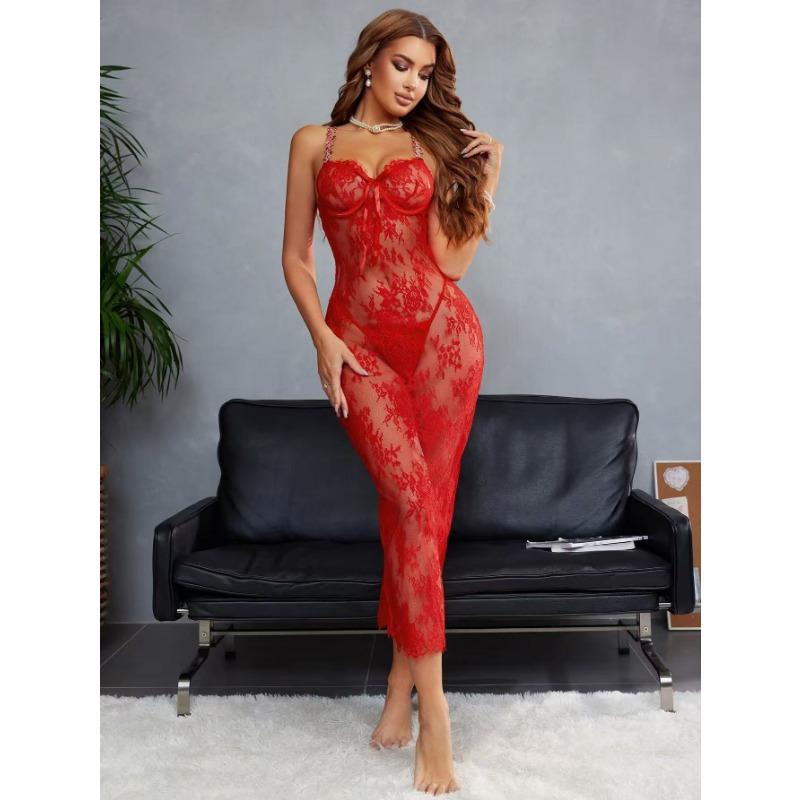 Lace Sexy Mesh Sheer Long Dress Lingerie Set