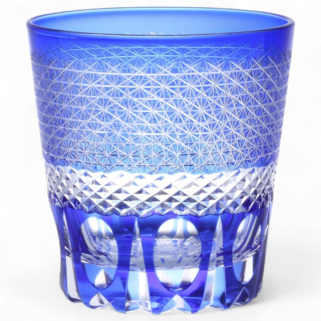 Mizukage Kiriko Glass Blue Sashiko Design with Bottom Bisho Current Model J-kitchens Cup, 85xH90mm, 260cc, Carving,