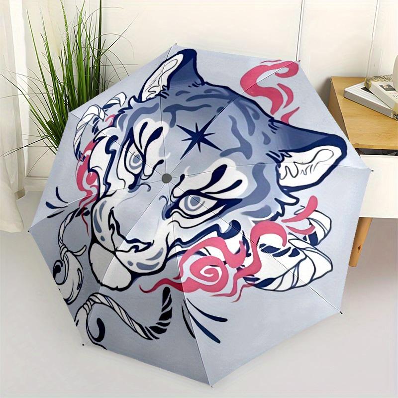 1pc Tiger Mask Automatic Open/close Folding Compact Umbrella, 8-Rib Sturdy Canopy, Lightweight Portable, Everyday Use, Gift, Outdoor Umbrella, Travel