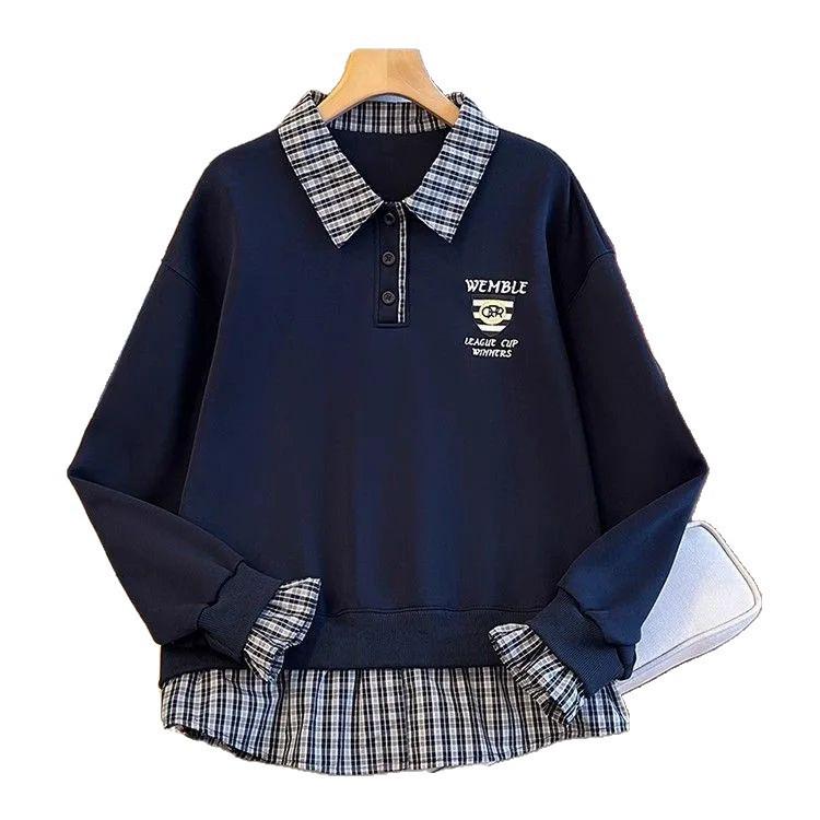 Women's Plaid Patchwork Polo Collar Hoodie - 2025 Niche Loose-Fit Autumn/Winter Top