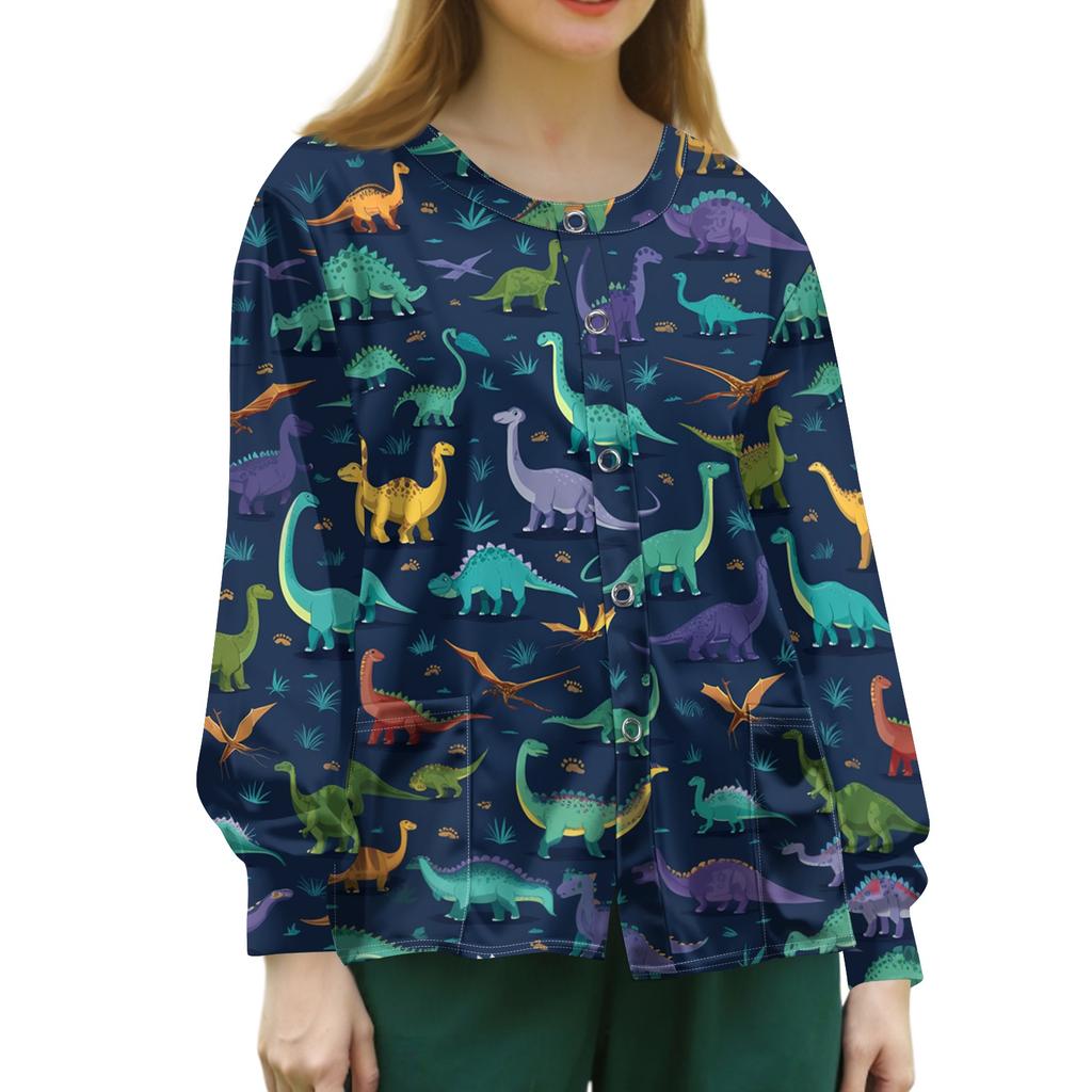 Women's Long Sleeve Top, Casual Uniform with Print, Single Pocket, Lightweight Work Shirt for